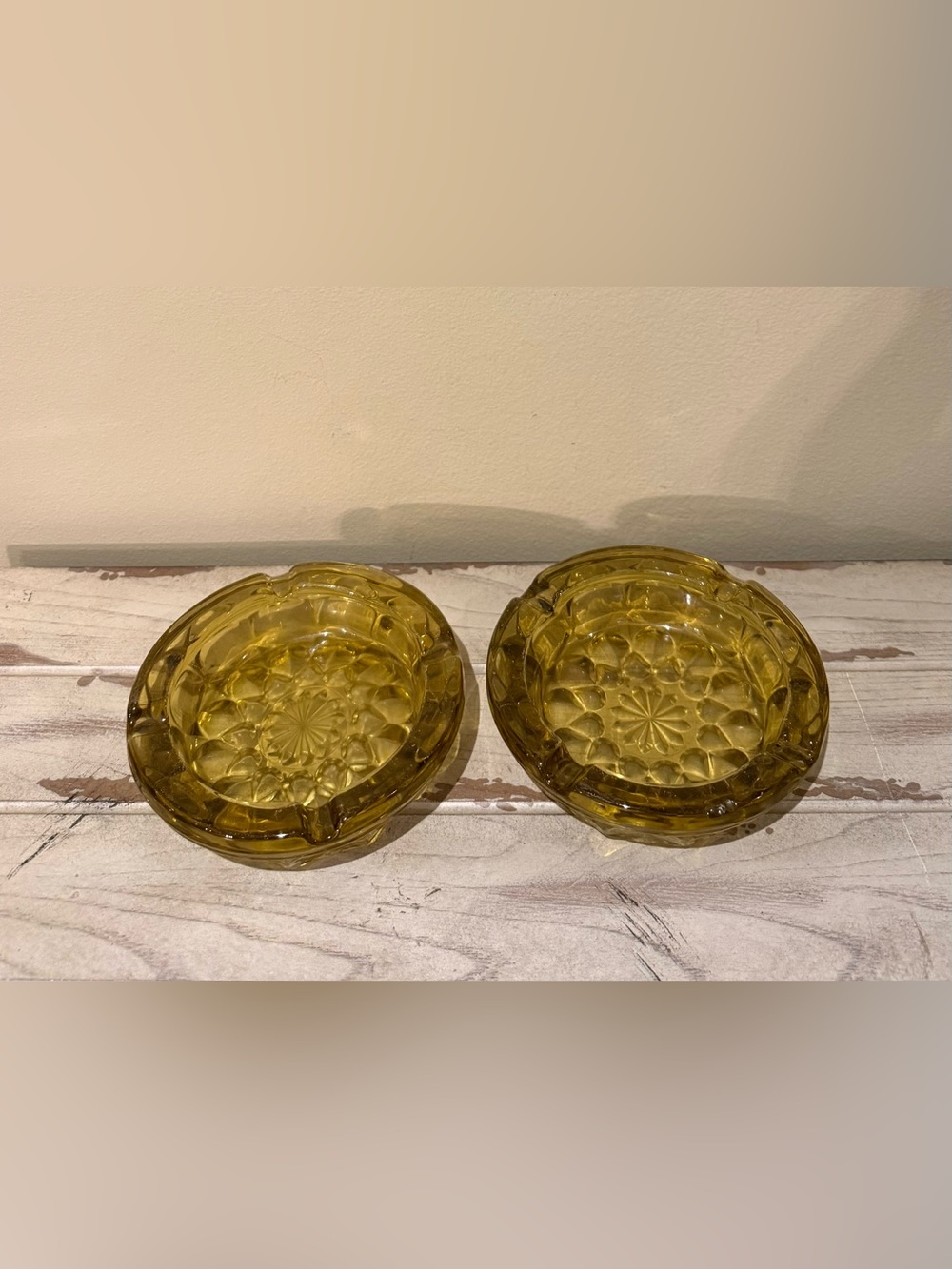 Vintage Amber Glass Ashtray Set Starburst Pattern Heavy Retro Decor Lot of 2